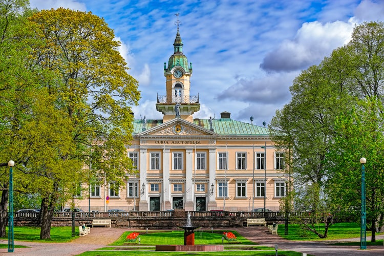 Photo of the town hall park with neoclassical style Porin Raatihuoner, Pori, Finland.