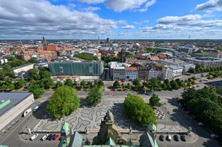 Aerial view on Marienplatz town hall and Frauenkirche in Munich, Germany.