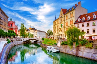 Capital of Slovenia, panoramic view with old town and castle.