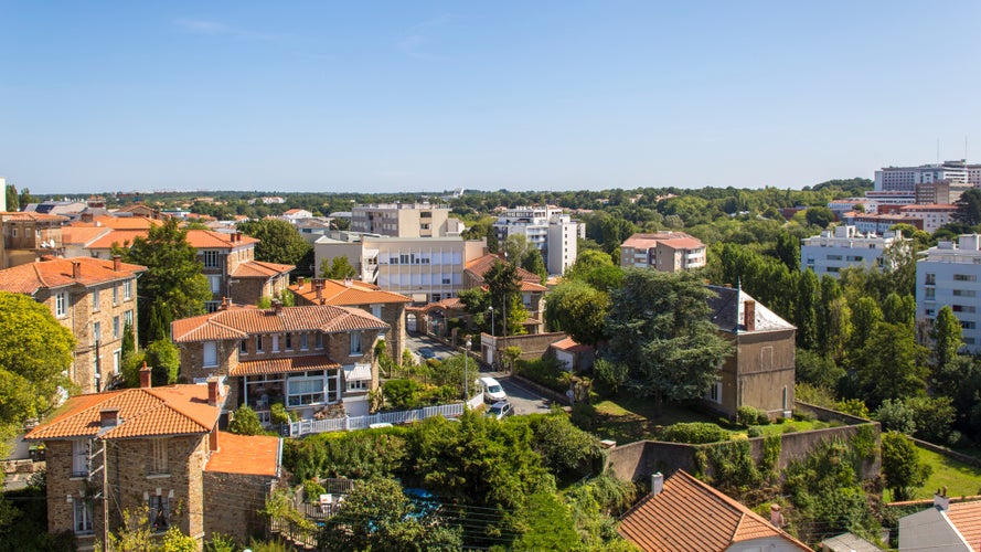 Photo of La Roche Sur Yon, panoramic view from old castle of the city with a blue sky, France.