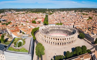 Photo of aerial view of Triumphal Arch or Arc de Triomphe in Montpellier city in France.