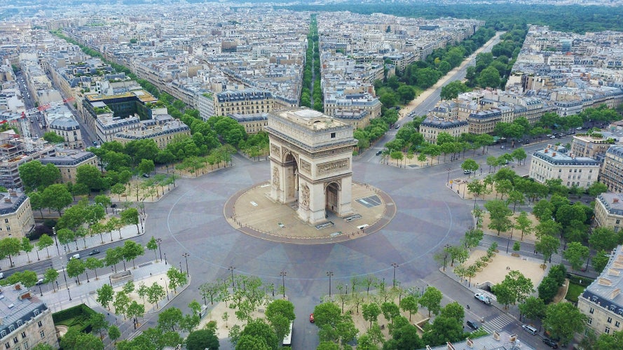 World famous Arc de Triomphe at the city center of Paris, France. Sky view.jpg