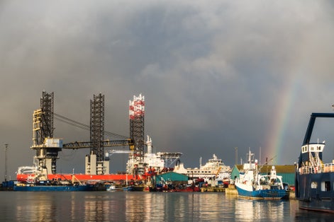 photo of view of Panorama of Oil rig in Esbjerg harbor, Denmark.