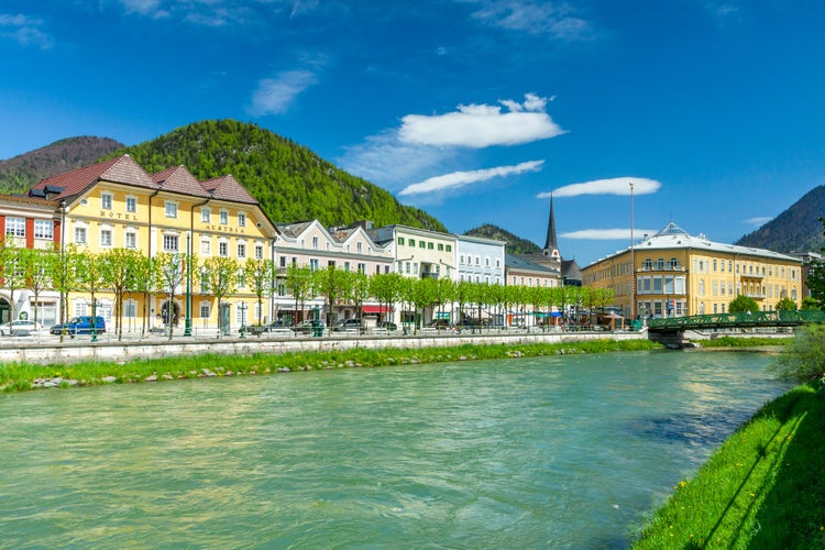 photo of view of River Traun in Bad Ischl with the Traun in the Salzkammergut, Bad Ischl, Austria.