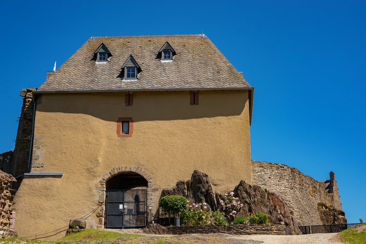 Old ruins of the Castle of Bourscheid, Canton of Diekirch, Luxembourg, elevated exterior view