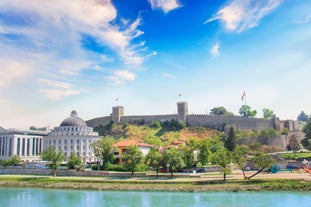 Panoramic view of Skopje town with Vodno hill in the background.