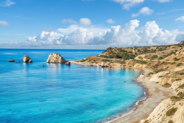 Photo of beautiful landscape with Petra tou Romiou (Aphrodite's beach and rock) in Pafos, Cyprus.