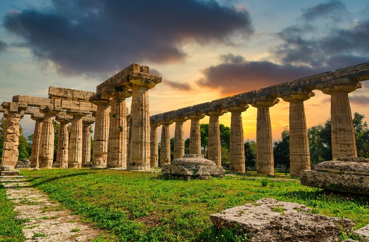 photo of view of First temple of Hera in Paestum, Italy. 