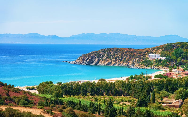 Photo of Coast at the Mediterranean sea in Villasimius, in Cagliari, South Sardinia in Italy.