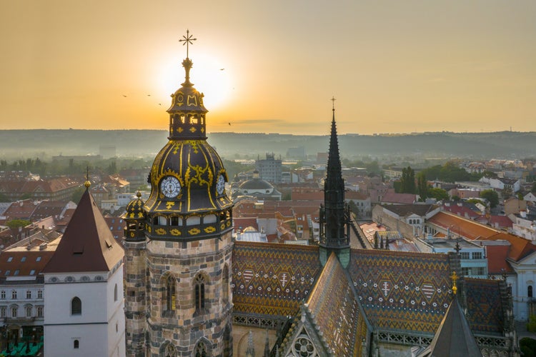 Skyline of the city of Kosice, Cathedral during sunrise.