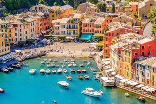 Photo of panoramic aerial view of town Rapallo in Liguria, Italy.