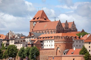 Photo of aerial view of Torun old town with Vistula river, Poland.