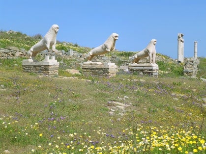photo of view of Lions of the Naxians, Ancient Lion Statues and the Sanctuary at the Terrace of the Lions, Archaeological Site of Delos, Delos Island, Greece,Mykonos Greece.