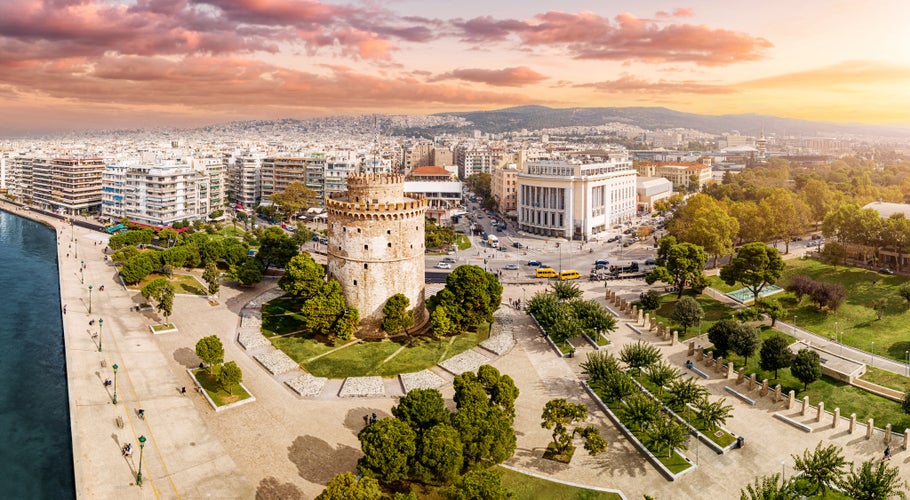 Photo of aerial panoramic view of the main symbol of Thessaloniki city.