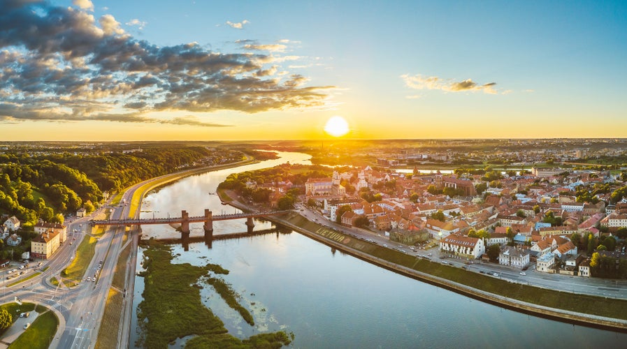 Photo of aerial view of Kaunas old town, Lithuania.