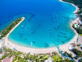 Photo of aerial view of the town of Kemer and sea from a mountain, Turkey.