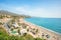 Photo of aerial view of beach in Nerja, Malaga province, Costa del Sol, Andalusia, Spain.