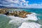 Photo of aerial view on clear blue water of Coral bay in Peyia, Cyprus.