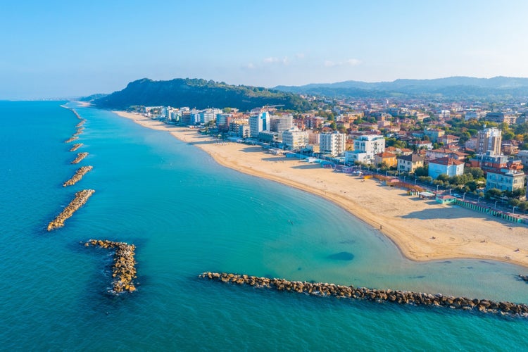 Aerial view of the beach in Italian town Pesaro.