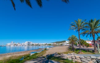 photo of an aerial view of Sant Antoni de Portmany in Ibiza islands, Spain.