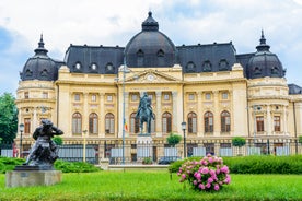 Antique building view in Old Town Bucharest city - capital of Romania and Dambrovita river. Bucharest, Romania, Europe.