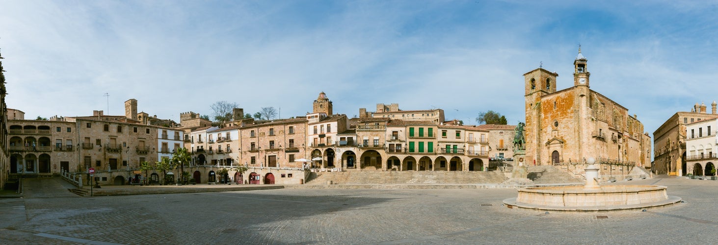 photo of panoramic view of Plaza Mayor at Trujillo . Saint Martin's church and statue of Fransisco Pisarro. Trujillo, Spain.