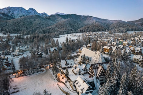 Zakopane Architecture and Giewont Mountain , Drone Winter View.