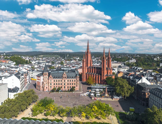 Aerial summer skyline cityscape of Wiesbaden-Mitte: Schlossplatz, Marktkirche. Wiesbaden, Hesse, Germany.