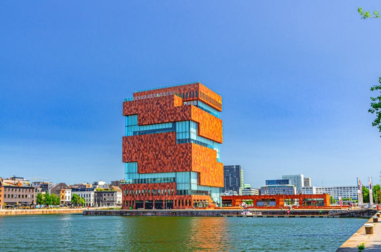 MAS Museum aan de Stroom Museum by the Stream, modern warehouse spiral tower building, Bonaparte Dock in Eilandje district Antwerp city historical centre, Antwerpen port area, Flemish Region, Belgium