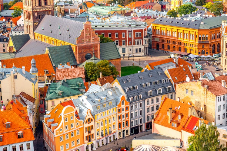 Photo of top view on the old town with beautiful colorful buildings in Riga city, Latvia.