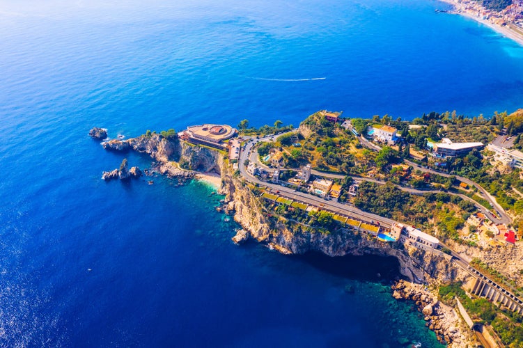  View of Taormina located in Metropolitan City of Messina, on east coast of Sicily island, Italy.