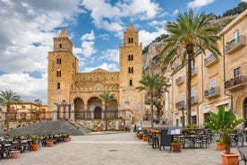 Photo of view of Cefalu and Promontorio de Torre Caldura seen from Norman Castle, La Rocca park, Italy.