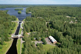 Photo of aerial view of beautiful landscape of lakes and forest in Imatra, Finland.