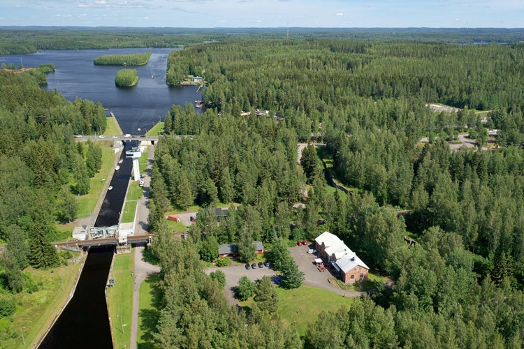 Aerial shot of Canal area of Taipale and canal museum. Beautiful summer day in city of Varkaus Finland