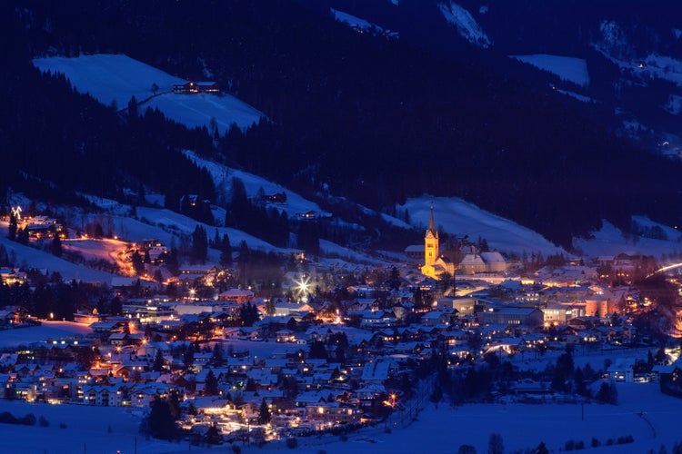 photo of Radstadt at night in Austria, Austrian village at night.