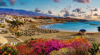 photo of aerial shot of Costa Adeje area, South Tenerife, Spain. Captured at golden hour, warm and vivid sunset colors. Luxury hotels, villas and restaurants behind the beach.