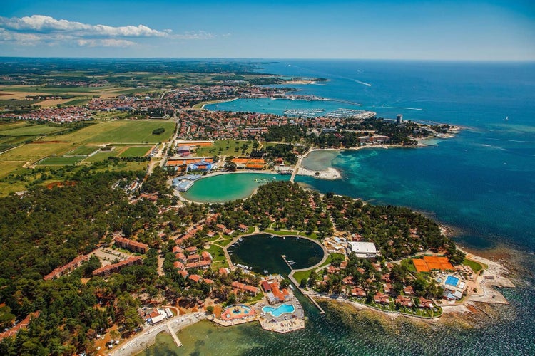 Town of Umag historic coastline architecture aerial view, archipelago of Istria region, Croatia