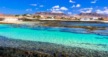 Photo of scenic aerial view of colorful traditional village of El Cotillo in Northen part of island. Canary islands of Spain.