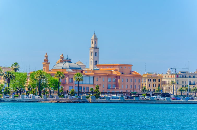 View of the Bari waterfront dominated by the Margherita theater and San Sabino Cathedral, Italy.