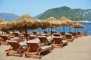 Photo of Marmaris marina with yachts aerial panoramic view in Turkey.