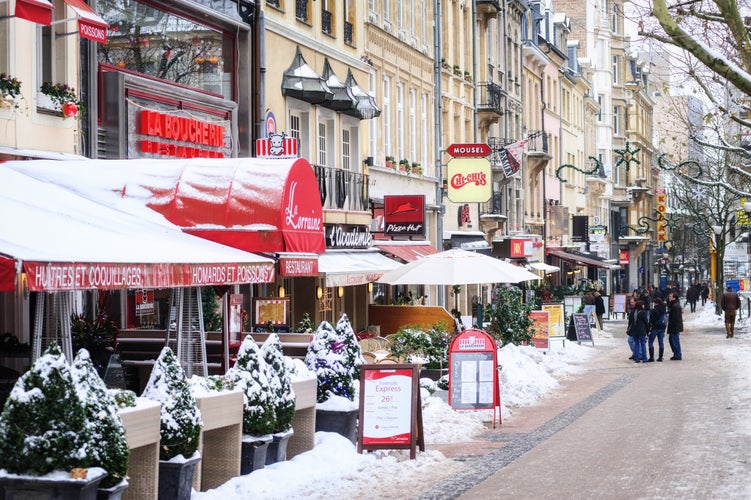 Snow covered pedestrian street in Luxembourg city on a cold winter day..jpg