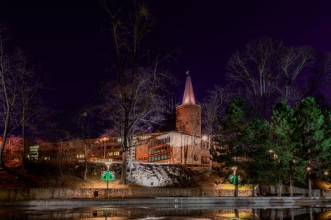 Piast Tower and building of the provincial office in Opole at night
