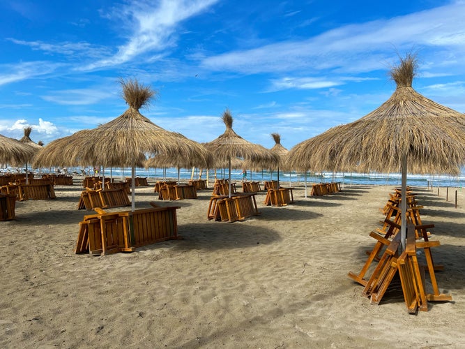 Photo of white sand beach in Durres Albania.