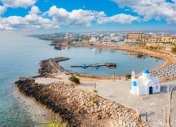 Photo of panoramic aerial view of Kalamis beach and bay in the city of Protaras, Cyprus.