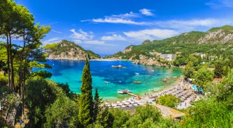 Photo of panoramic aerial view of Palaiokastritsa, Corfu, Greece.