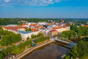 Scenic summer view of the Old Town and sea port harbor in Tallinn, Estonia.