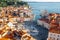 Beautiful aerial view on Piran town with Tartini main square, ancient buildings with red roofs and Adriatic sea in southwestern Slovenia