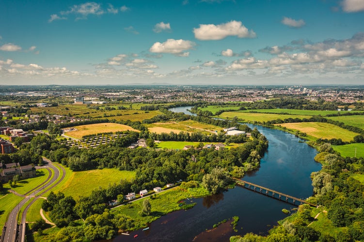 Aerial view over River Shannon, located between County Limerick and Clare. Irish landscape in summer.