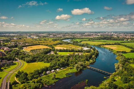 Aerial view over River Shannon, located between County Limerick and Clare. Irish landscape in summer.