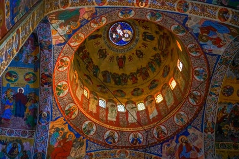 Decorative interior view of Ascension Cathedral in Targu Mures Transylvania Romania.